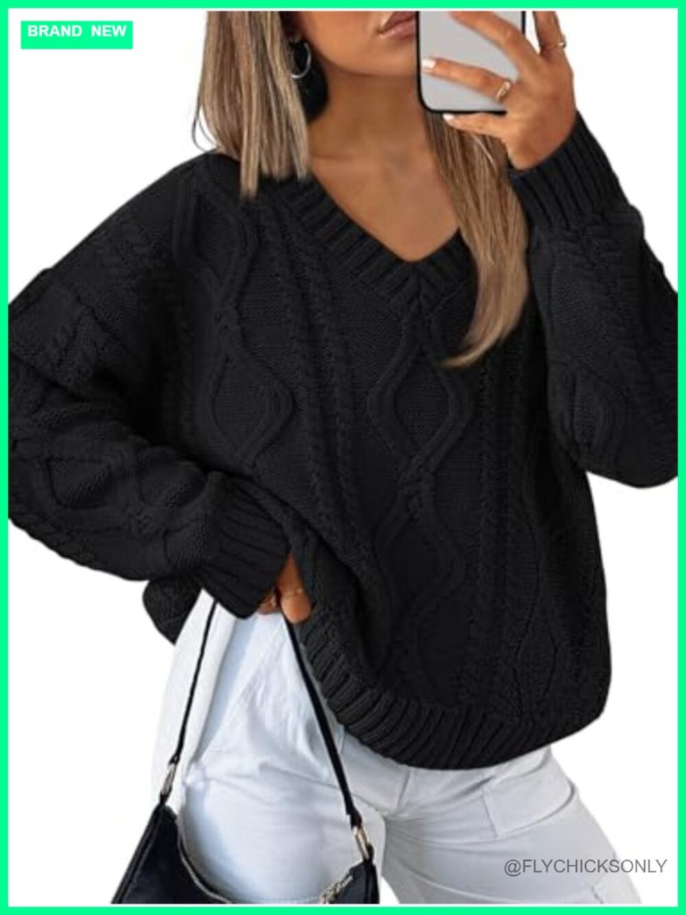 Womens V Neck Cable Knit Sweater Oversized Cozy Fall Pullover Cotton Blend